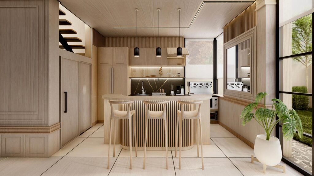 minimalist interior design with natural materials in modern kitchen