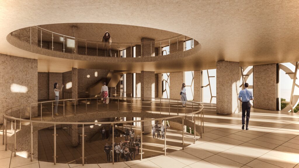 Monumental public space with circular gallery and sculptural concrete textures