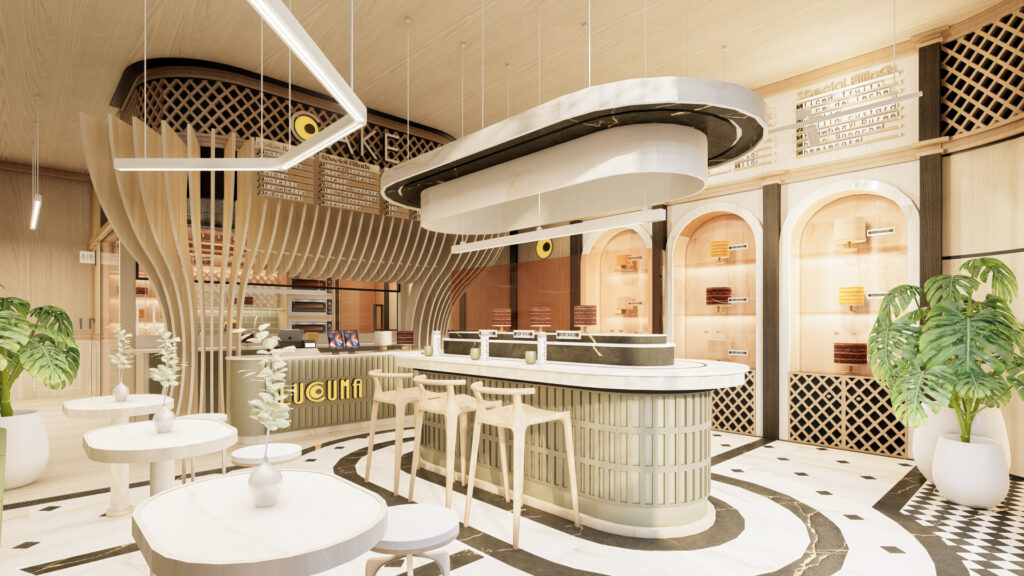 Contemporary dessert shop with playful wooden design and warm lighting