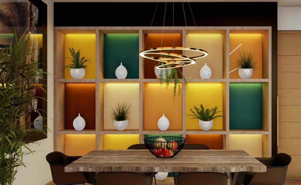 Modern interior design contact area with stylish wall shelves and warm lighting