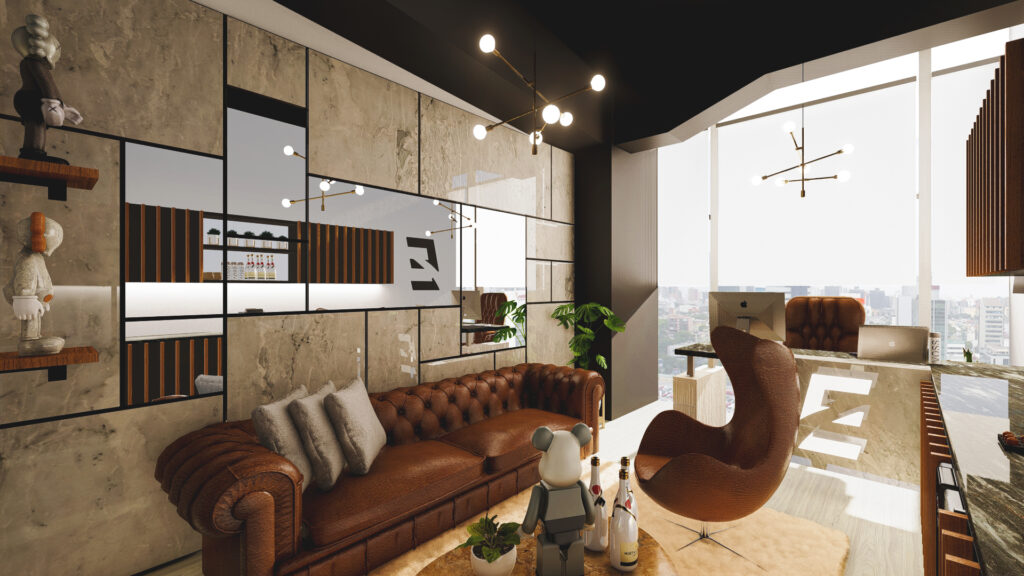 Elegant modern office with Chesterfield sofa and city view